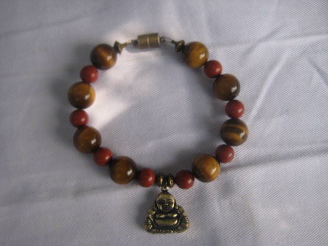 Tiger Eye and Jasper Bracelet with Buddha Charm (made in Austin, TX) balance between extremes, discernment, vitality, strength, practicality 3460